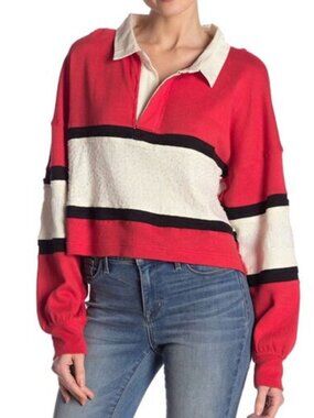 Free People We the Free Sequin Rugby Polo Crop Shirt Red White Black Large NWOT